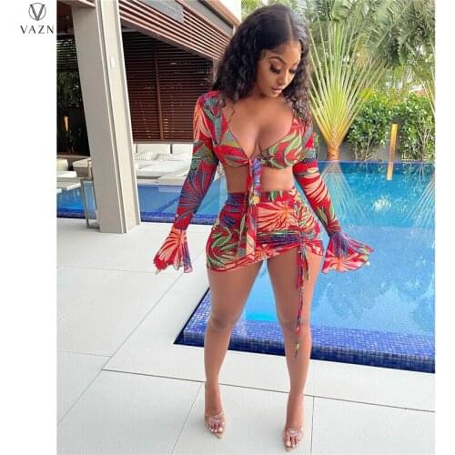 VAZN 2021 Summer European and American Fashion Digital Print V-Neck With Long Sleeves Drawstring Skirt 2 Piece Women