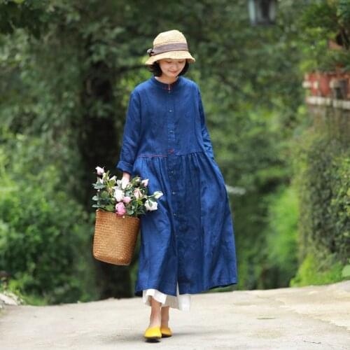 Women Linen Dress Solid Color Retro Loose Casual Dress Female Vintage Autumn Spring Dress 2018 Flax Dresses