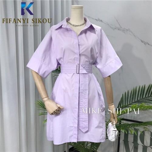 High quality Women Shirt Dress With Belt Fashion Lapel Short sleeve Knee Length Dress Female Loose Casual 2020 Summer Dress