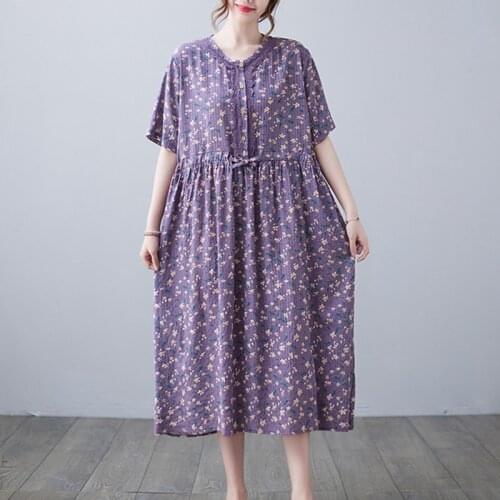 French Style Cotton Linen Patchwork Lace Print Floral Fashion Women Dress Short Sleeve Loose Summer Dress Office Lady Work Dress