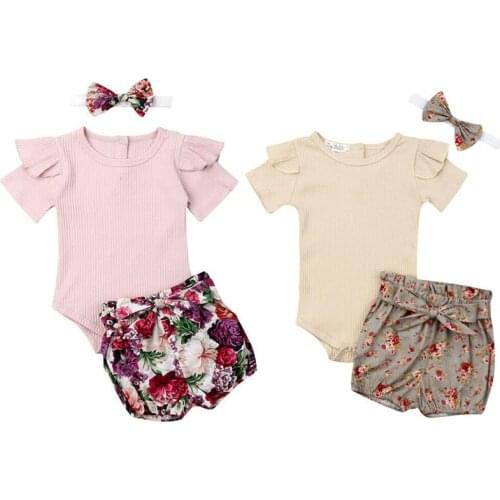 2019 Brand Newborn Infant Baby Girl Clothing Boys Clothes Sets Romper Top+Floral Shorts+Headband Summer Clothes Outfit