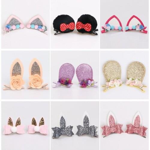 5pairs/lot Glitter Rabbit Ear Kid Hair Clips Blue Pom Pom Christmas Hair Barrette Red Dot Bow Festive Girls Party Hairpin Grips