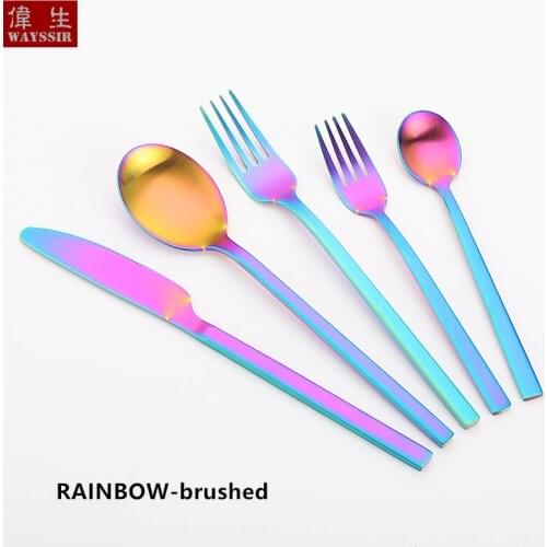 5pcs Stainless Steel Dinner Tableware Knife and Fork Set Brushed Colorful Rainbow Cutlery Spoon Dessert Fork Portable Dinner Set