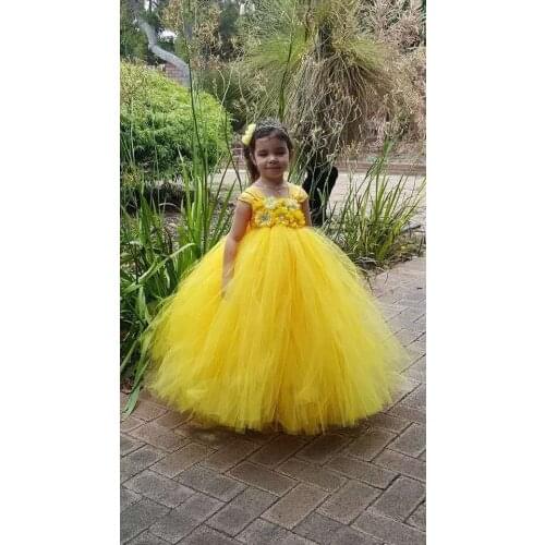 Belle Princess Girls Dress Yellow Flower Girl Tutu Dress Canary Beautiful Handmade Yellow Kids Girls Tutu Party Dress