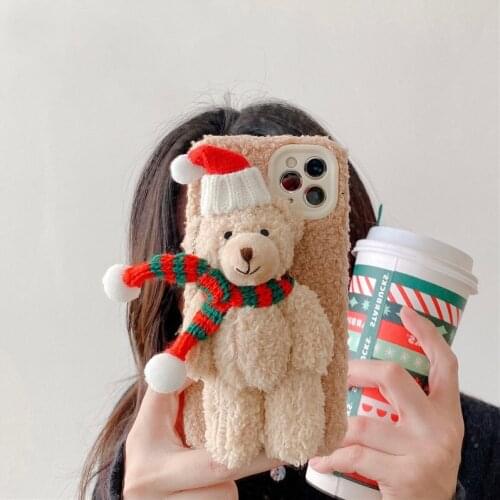 Warm Plush Christmas Bear Gift Phone Case For iPhone 12 11 Pro Max Mini XS Max XR X 7 8 Plus Cute Cartoon Furry Fluffy Fur Cover