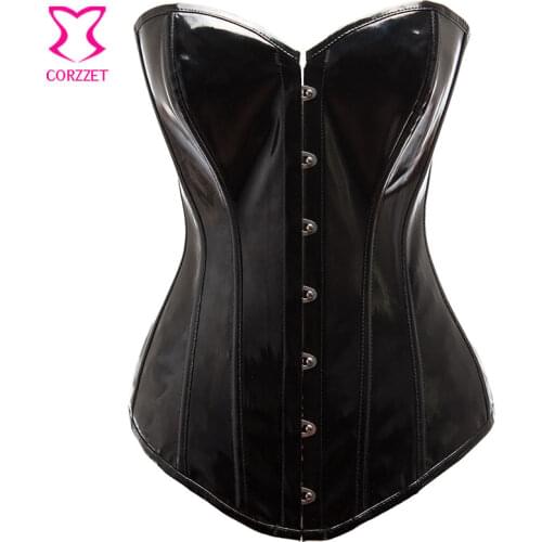 Black Glossy PVC Leather Corset Gothic Sexy Bustier Steampunk Corsets and Bustiers Burlesque Gorset Overbust Korsett For Women