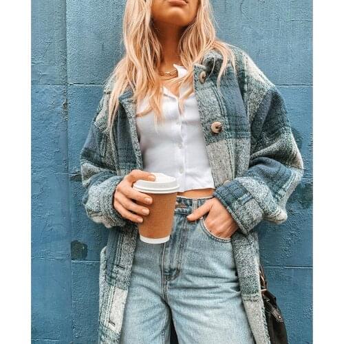 GypsyLady Oversized Plaid Jacket Shirt Blouse Woolen Autumn Vintage Thick Women Shirts Blouse Chic Pocket Ladies Shirt Outwear