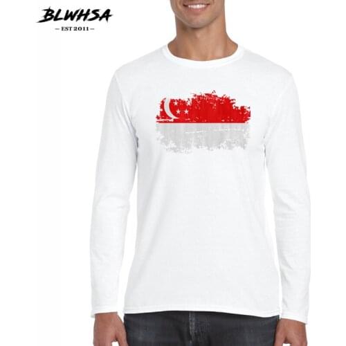 BLWHSA New Spring/autumn Singapore Flag Cotton T-shirts Mens Long Sleeve O neck Leisure Singapore T Shirt Men Top&tee