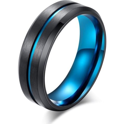 Blue Jewelry Titanium Steel Brushed Finished Line Black Contrast Color 8mm Men Promise Rings