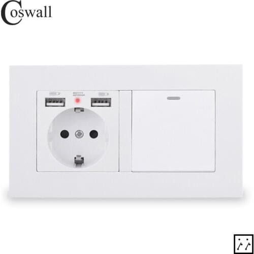 COSWALL EU Russia Spain Wall Socket With 2 USB Charge Port + 1 Gang 3 Way On / Off Intermediate Crossover Light Switch PC Panel