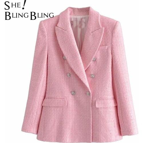 SheBlingBling 2021 new spring and autumn womens jacket pink texture double-breasted casual loose long-sleeved blazer coat