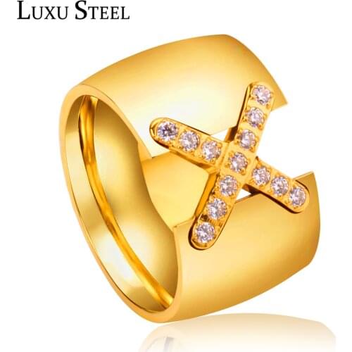 LUXUSTEEL Gold Color New Crystal Rings Stainless Steel Engagement Rings For Women/Girl Wedding Party Wholesale Letter Jewelry