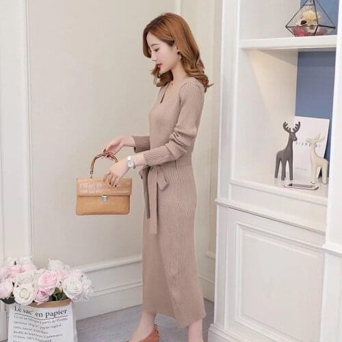 Autumn and winter long-sleeved mid-length knit sweater dress women sweater lace up dress