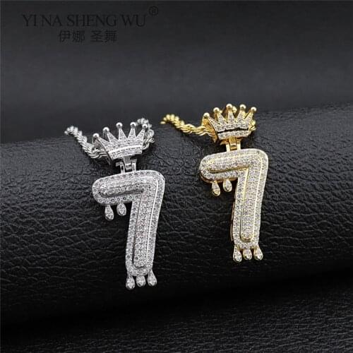 Men Hip Hop Iced Out Bling AAA Zircon Crown+number 7 Pendant Necklaces Punk Fashion Trendy Necklace Male Hiphop Jewelry Gifts