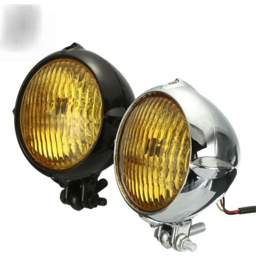 NEW Chrome Black Motorcycle 4 inch Yellow Light Lamp Headlight For Harley Bobber Chopper