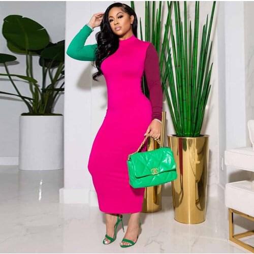 Contrast Color Patchwork Elegant Pencil Dress Women Sexy Half High Necked Full Sleeve Vestido Office Lady Business Work Dresses