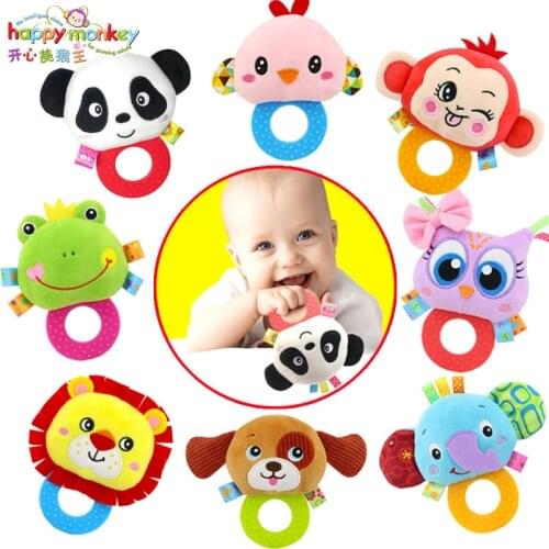 Happy Monkey 3pcs/lot baby BB sounds rattle hand holding teether rattles baby bells 0-1 plush toys animal rattles random send