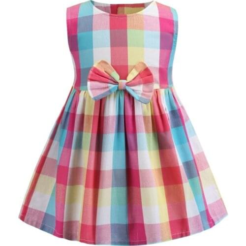Girls O-neck Sleeveless Plaids Design Casual Fashion Summer Dresses A-line Knee Length Bow Decor Summer Dresses