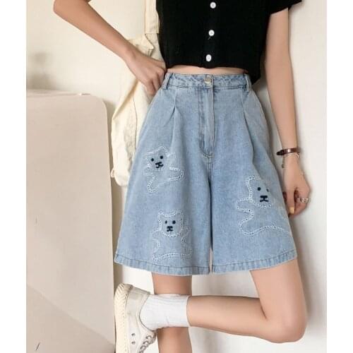 Korean Style Loose High Waist Causal Pants Wide-leg Denim Middle Pants Womens 2021 Summer All-match Casual Five-point Hot Pants