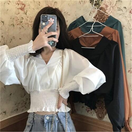Shirts Women Solid V-Neck Lantern Sleeve Casual Loose All-match Temperament Autumn Ladies Blouses Korean Style Fashion Student