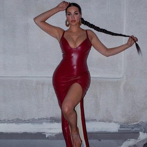 Sexy Night Clubwear PU Leather Dress Spaghetti Strap Sleeveless Backless Bodycon Dress Backless Fashion High Split Party Dress