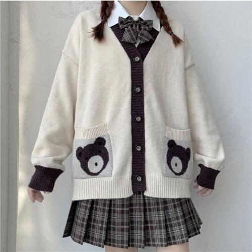 2020 New Japanese Style Sweet Color Matching Cute Bear Sweater Loose JK Uniform Sweater Coat for Women Autumn school uniform