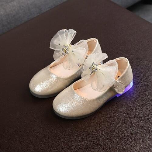 LED Lights Bow Girls Princess Shoes Single Shoes Spring Autumn New Children Korean Casual Shoes Kids Dance Shoes Hot for Party