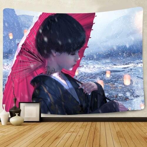 Simsant Anime Japanese Tapestry Kimono Japanese Clothes Monsters Priestess Miko Wall Hanging Tapestries for Living Room Decor