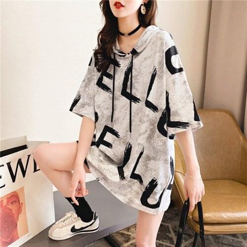 Hooded T-shirt Womens Mid-Length 2020 Summer New Ins Korean-Style Short-Sleeved Loose Lazy Half-Sleeve Top