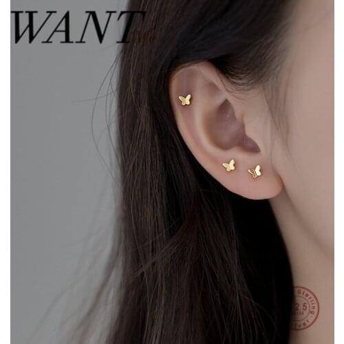 WANTME Fashion Korean Mini Cute Romantic Butterfly Stud Earrings for Women Genuine 925 Sterling Silver Teen Student Girl Jewelry