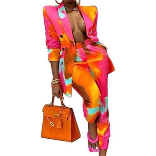 Casual suits for women autumn New Tie Dye Double breasted Long Sleeve Blazer + High Waist Pants Hit Color Two Piece Set Female