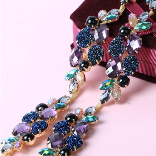 2yards purple ABS Rhinestone Close Trims Gold Cup Chain Sew On Trim embellishment for decoration