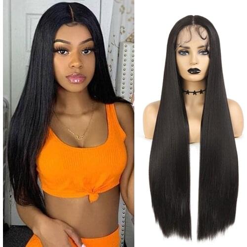 Synthetic Lace Front Wigs Natural Brown 32Inches Long Straight Wig With Baby Hair Heat Resistant Fiber Soku Middle Part Lace Wig