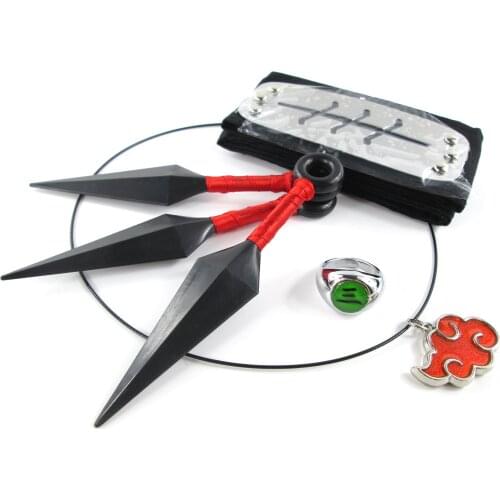 Brdwn Akatsuki Konoha Pain Deidara Hidan Tobi Orochimaru Cosplay Headband Red Cloud Necklace Ring Kunai 4Pcs/Set