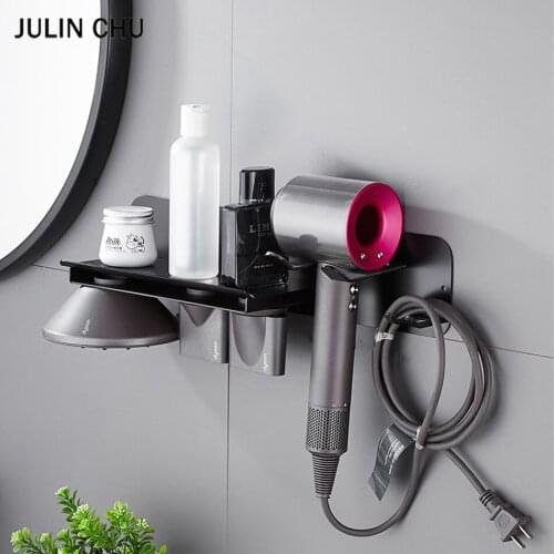 Black Bathroom Shelf 304 Stainless Steel Adhesive Hairdryer Holder Storage Rack Organizer Kitchen Bathroom Shleves Free Nail