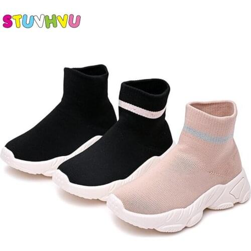 Children Sports Shoes for Girls Flying Woven Stretch Socks Boots Soft Bottom Plush Velvet Warm Kids Ankle Boots Boy Casual Shoes
