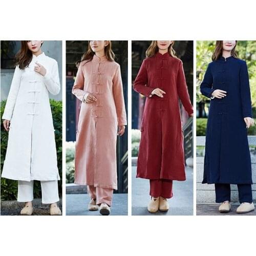 2pcs/set Spring&Autumn Cotton&linen yoga long robe Tai chi clothing trench coat uniforms kung fu wushu suits