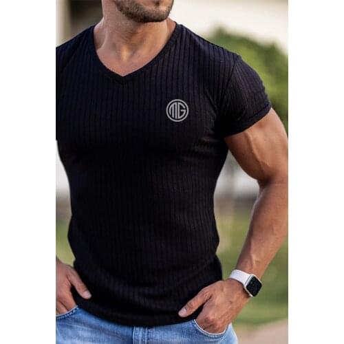 Summer Fashion V-Neck T-shirt Men Knitting Slim Fit Gym Tee Shirt Mens Short Sleeve Pullovers Tshirts Fitness Knittwear Clothing