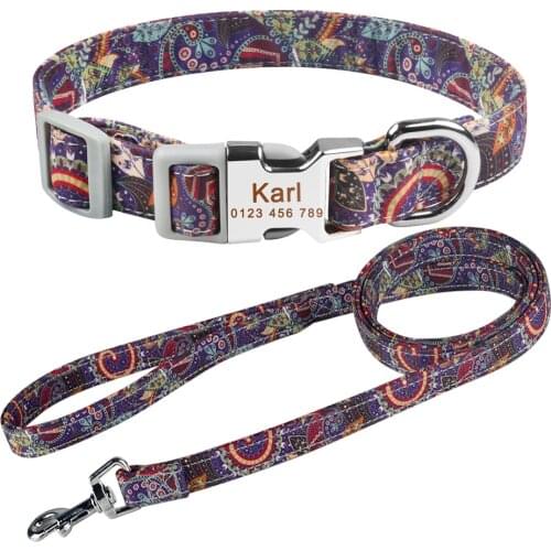 Nylon Pet Dog Collar Leash Set Personalized Collars Lead For Small Medium Large Dogs Pugs Beagle Customized Puppy ID Name