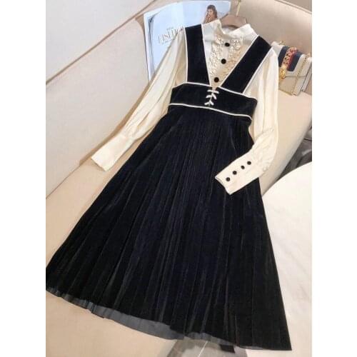 New ladies fashion 2021 suit velvet strap skirt + wood ear collar silk shirt two-piece 1130