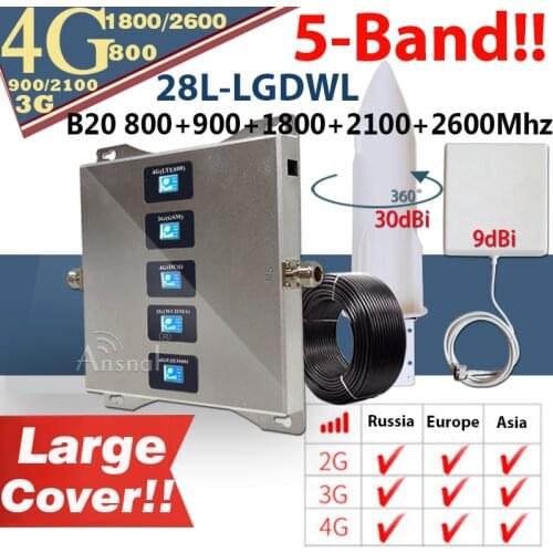 New!! Five-Band B20 800 900 1800 2100 2600Mhz 4G Cellular Amplifier GSM Repeater 2g3g4g CellPhone Mobile Signal Booster Repeater