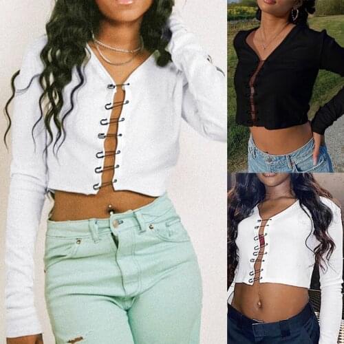 Autumn Pin Button Short Cardigan Long Sleeve V-neck Slim T-shirt Punk Streetwear
