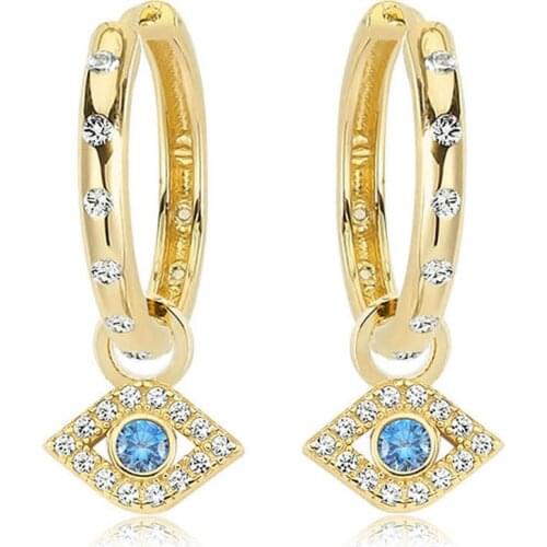 Valori Jewels Evil Eye, Zirconia White And Fancy Blue Gemstone, Gold Plated, Sterling Silver Small Stylish Hoop Charm Earrings