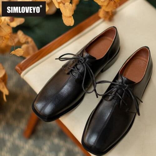 SIMLOVEYO 2021 Retro Concise Pumps Leather Square Toe Classics Lace Up 3.5cm Chunky Heel Shoes Big Size 33-40 Brown Black A4271