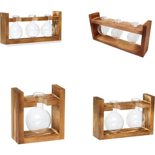 Wooden Frame Glass Vase Hydroponic Plant Vase Vintage Flower Pot Table Desktop Bonsai Heart Shape Home Decoration