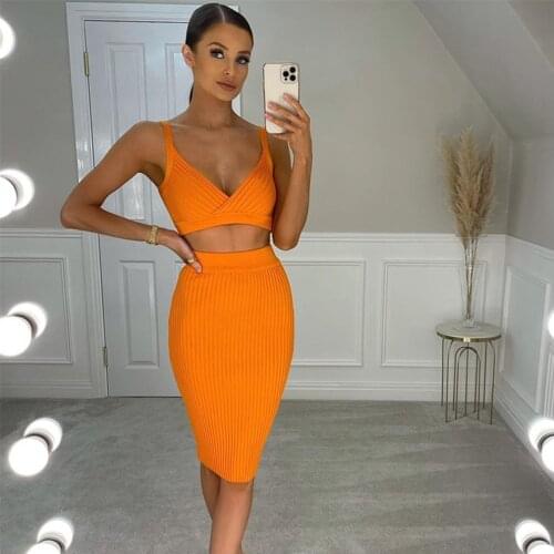 Women Summer Style Ladies Sexy V Neck Two Pieces Hot Pink Orange Bandage Set 2021 Celebrity Designer Fashion Party Womens Set