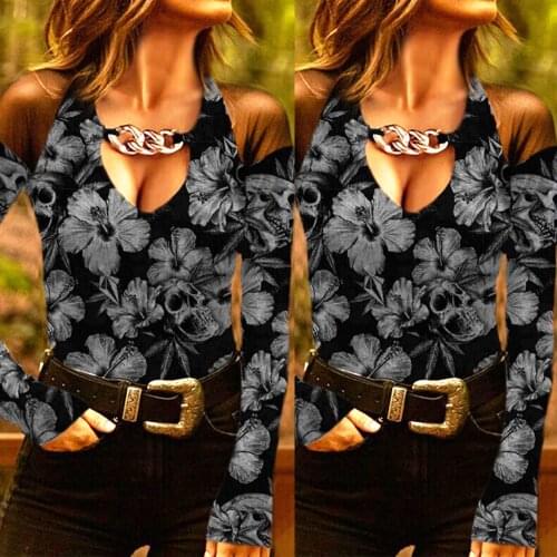 Black Office Sexy See Through Ladies Tops Tshirt Autumn Floral Print Women Blouses T-Shirt Long Sleeve Chain Business Blouses