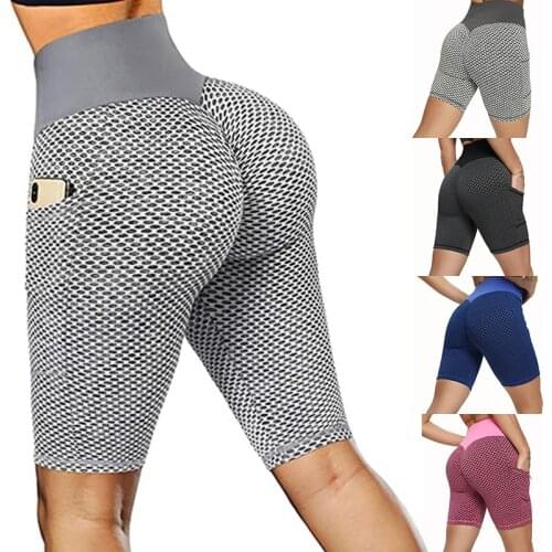 Women Fitness Shorts Pockets Textured Elastic Leggings for Sport Leggins Push Up High Waist Shorts Gym Running Jogging Short