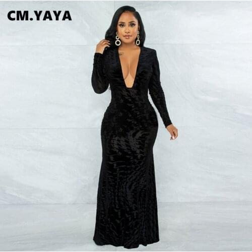 CM.YAYA Women Long Dress Solid Cleavage Sexy Maxi Dresses Ladies Fashion Party Vestidos Full Sleeve Clothing Autumn 2021