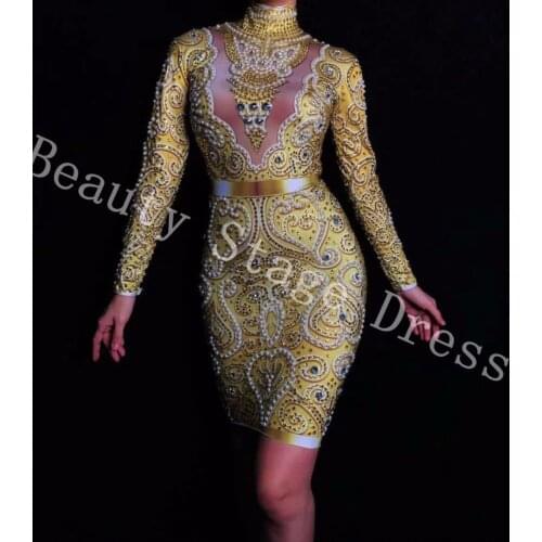Fashion Rhinestones Pearls Dress Long Sleeves Womens Gold Dress Female Singer Clothes Birthday Celebrate Evening Wear Dress